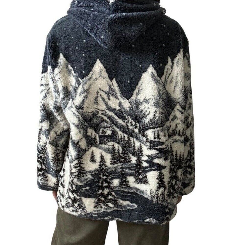 Vintage Black Mountain Winter Cabin Christmad Scene Ski Deep Pile Fleece Jacket - Picture 7 of 7